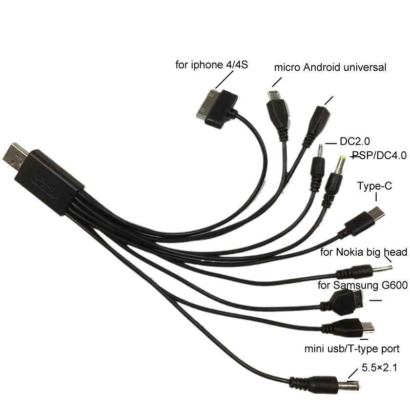 Uniqbuy For 10 In 1 Multifunction USB Charging Cable For IPhone / PSP / Camera / Nokia / HTC / LG / Samsung(Black)