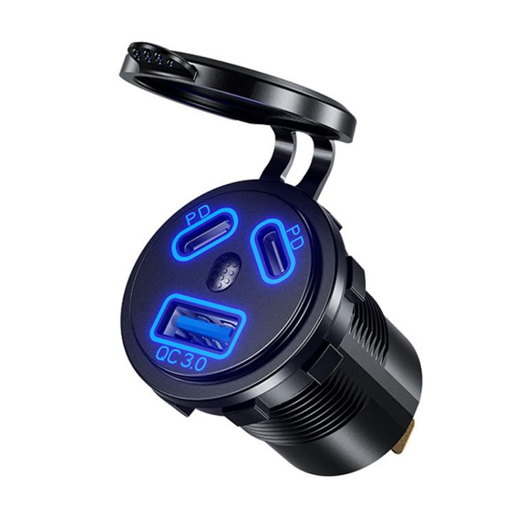 Kewig P22A 12-24V Vehicle Motorcycle Boat Modified Dual PD+QC3.0 3-Port Car Charger With Switch, Style: With Terminal(Blue Light)