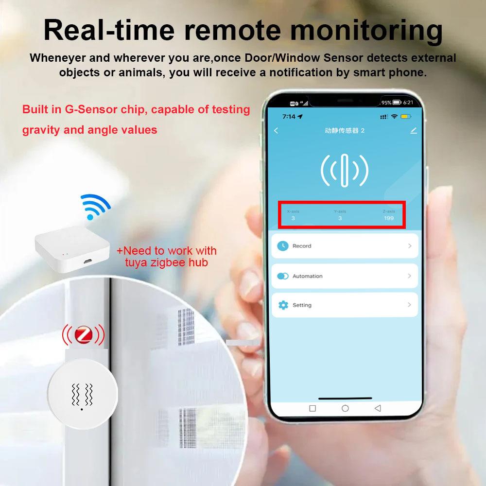 Compatible Tuya ZigBee Smart Vibration Tilt Sensor Real Time Shock Alarm Security Protection