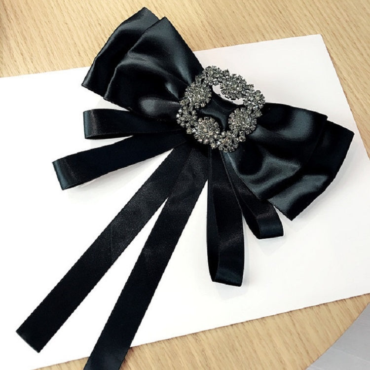 Women Vintage Satin Fabric Bow Tie Square Rhinestone Bow-knot Brooch(Black)