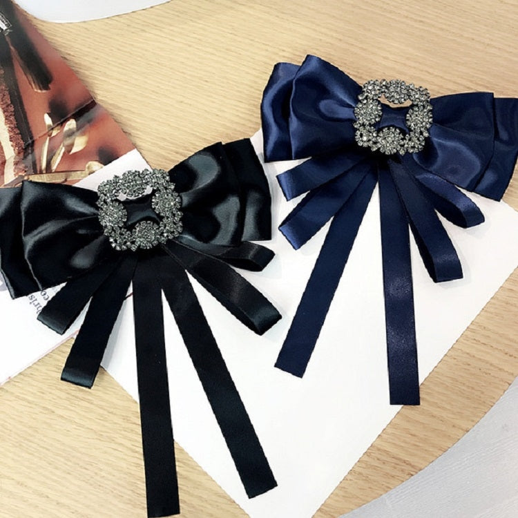 Women Vintage Satin Fabric Bow Tie Square Rhinestone Bow-knot Brooch(Black)