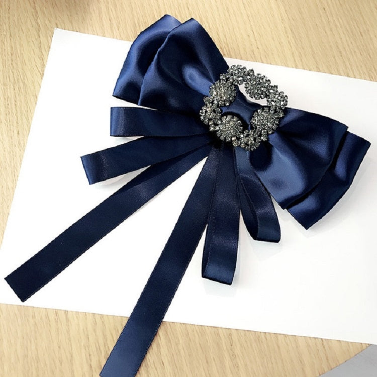 Women Vintage Satin Fabric Bow Tie Square Rhinestone Bow-knot Brooch(Blue)