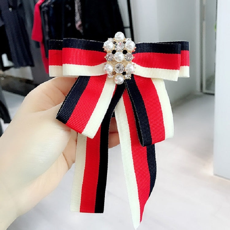 Women College Style Stripe Ribbon Bow Tie Diamond Pearl Bow-knot Brooch Clothing Accessories(Red Blue White)