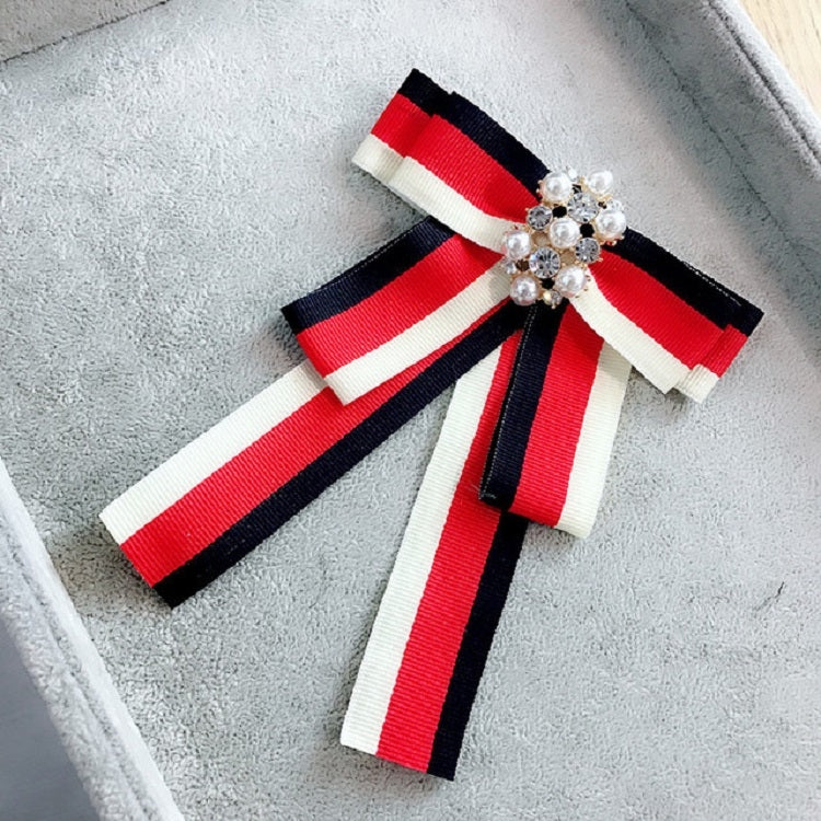 Women College Style Stripe Ribbon Bow Tie Diamond Pearl Bow-knot Brooch Clothing Accessories(Red Blue White)