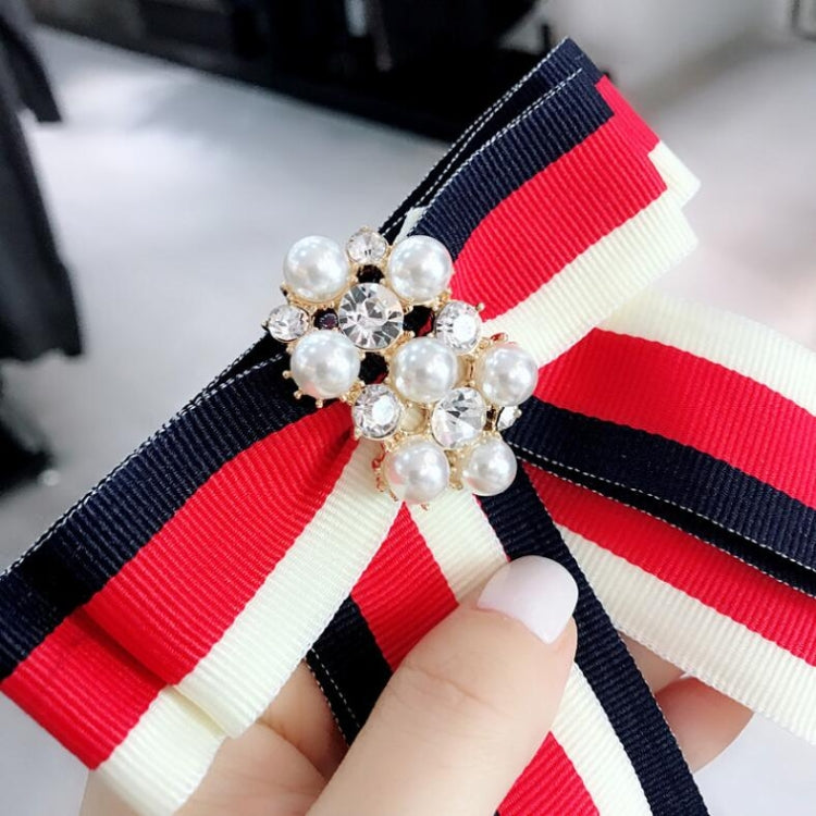 Women College Style Stripe Ribbon Bow Tie Diamond Pearl Bow-knot Brooch Clothing Accessories(Red Blue White)