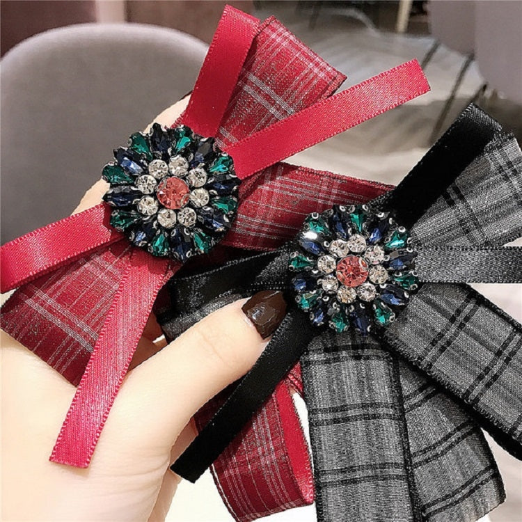 Women Fresh Plaid Bow Tie Diamond Bow-knot Brooch Shirt Accessories(Red)