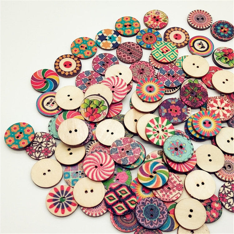 100 PCS Two-hole Round Printed Wooden Buttons DIY Clothing Buttons, Size:15 mm(Random Color Delivery)