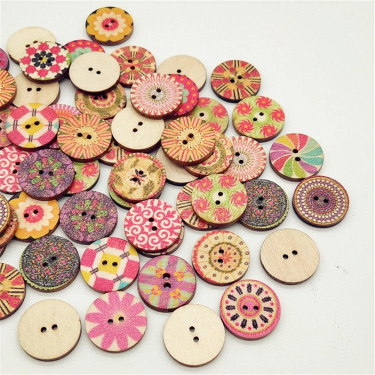100 PCS Two-hole Round Printed Wooden Buttons DIY Clothing Buttons, Size:15 mm(Random Color Delivery)