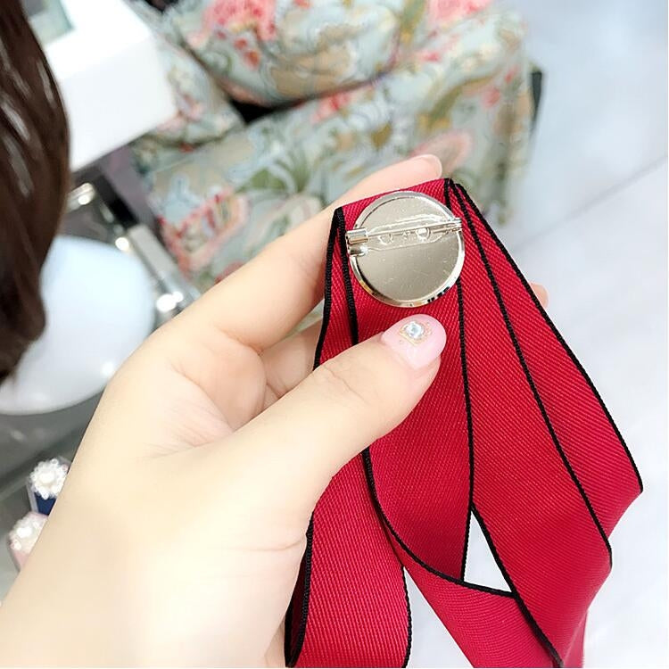 Ladies Wild Long Bow Tie Pearl Rhinestone Bow-knot Brooch Clothing Accessories(Pink)
