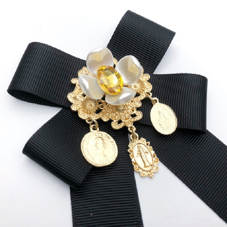 Women Vintage Flowers Diamond Bow-knot Bow Tie Shirt Brooch Clothing Accessories, Style:Tie Belts Version(Black)