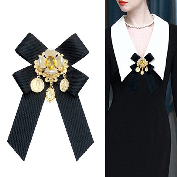 Women Vintage Flowers Diamond Bow-knot Bow Tie Shirt Brooch Clothing Accessories, Style:Tie Belts Version(Black)