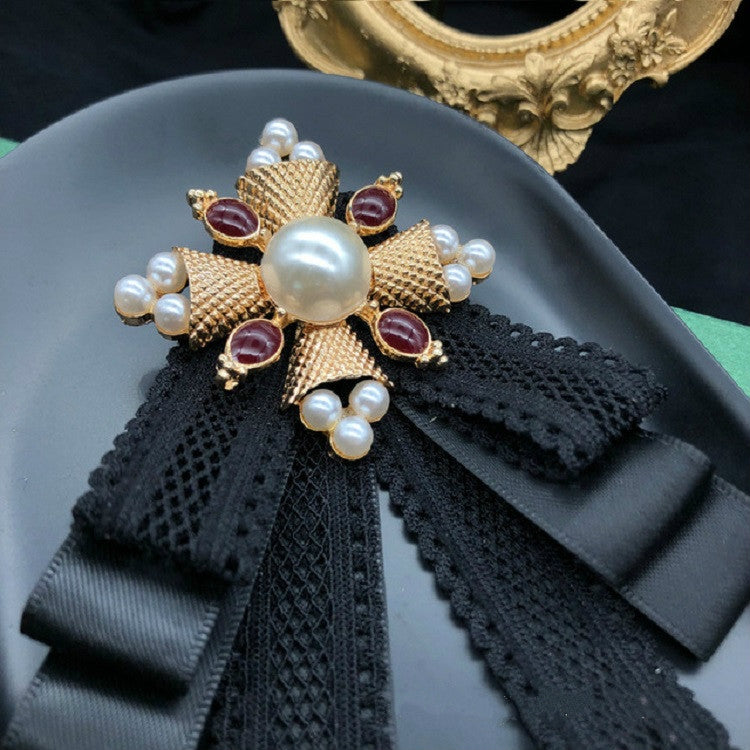 Ladies Court Style Cloth Brooch Lace Bow-knot Bow Tie Costume Accessories, Style:Pin Buckle Version(Champagne)