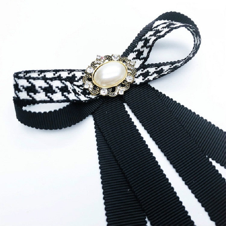 Women Houndstooth Pattern Pearl Bow-knot Bow Tie Professional Brooch Costume Accessories(White)