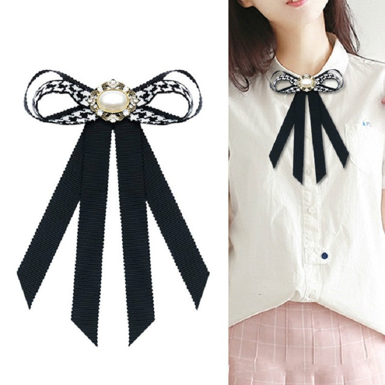 Women Houndstooth Pattern Pearl Bow-knot Bow Tie Professional Brooch Costume Accessories(Red)