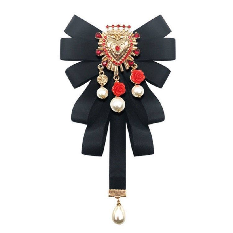 Women Court Style Heart-shaped Diamond Peal Bow Tie Brooch Clothing Accessories, Style:Pin Buckle Version(Black)