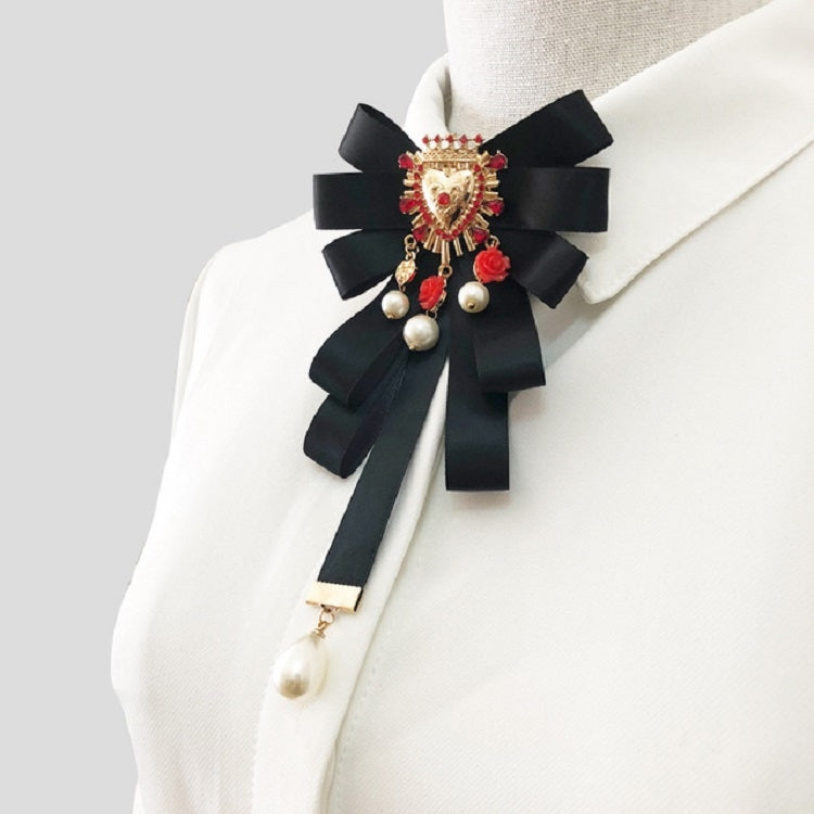 Women Court Style Heart-shaped Diamond Peal Bow Tie Brooch Clothing Accessories, Style:Tie Belts Version(Black)