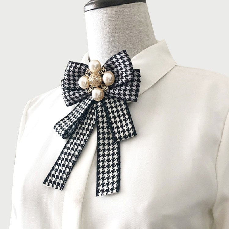 Women Houndstooth Pattern Double-layer Bow-knot Bow Tie Clothing Accessories, Style:Pin Buckle Version(Black)