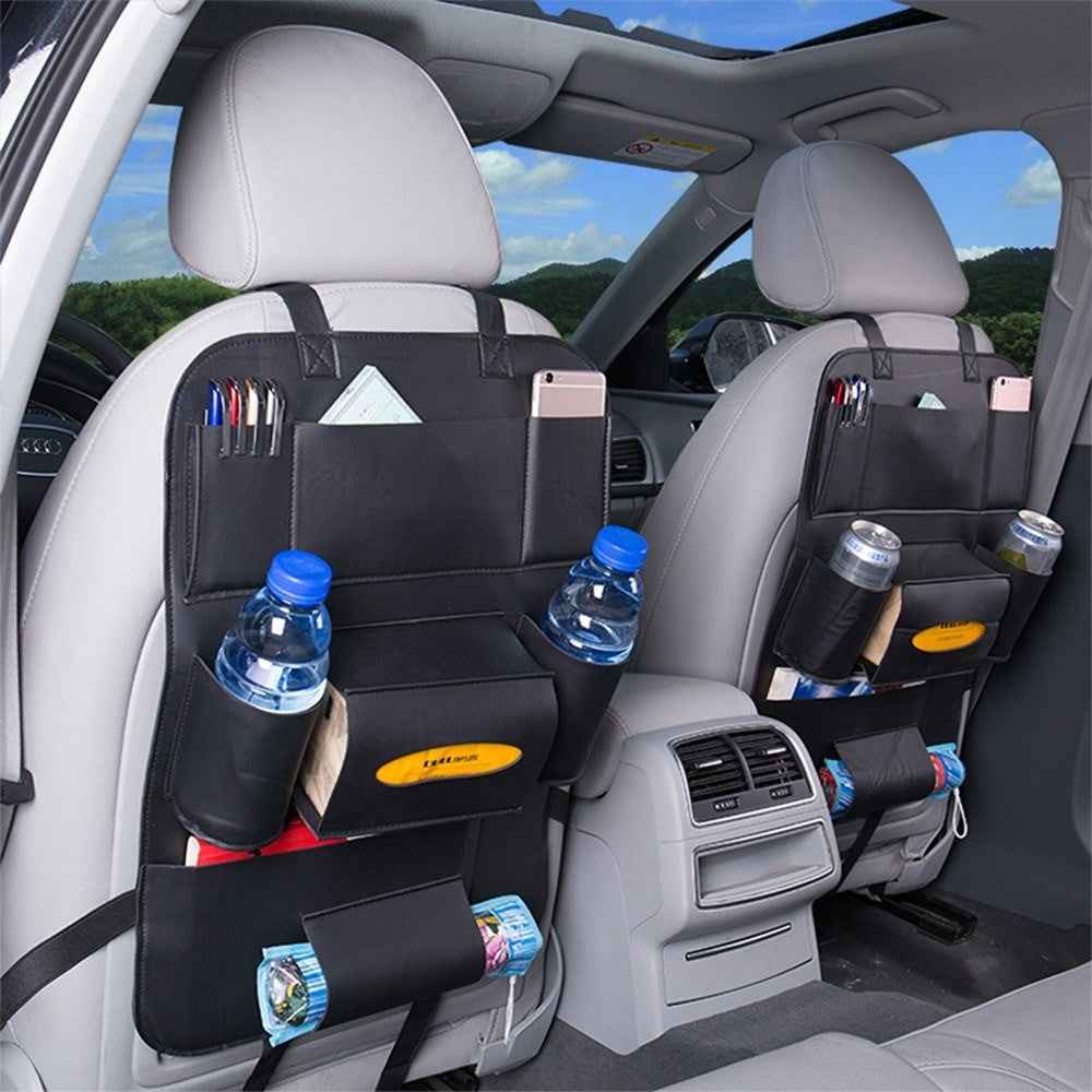 PU Leather Car Seat Back Organizer Backseat Storage Box - Black