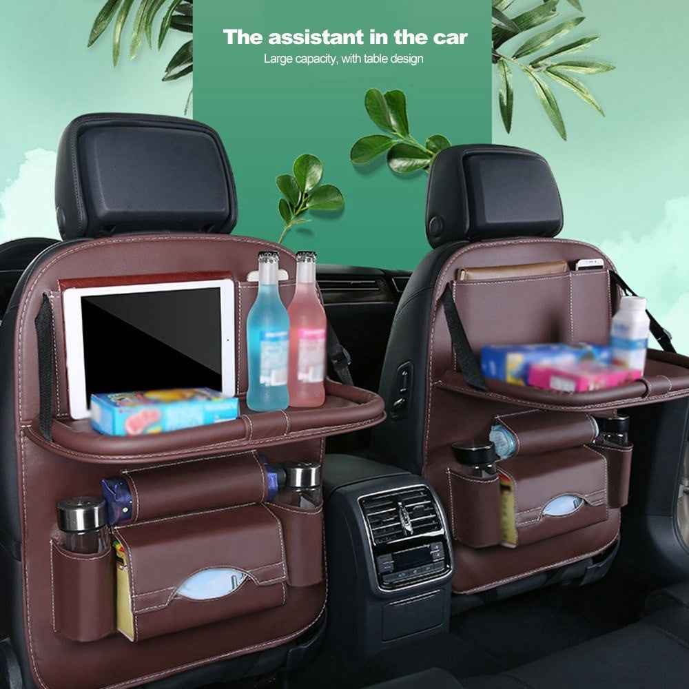Multifunction Car Seat Back Bag Folding Table Organizer Pad Drink Storage Pocket - Beige