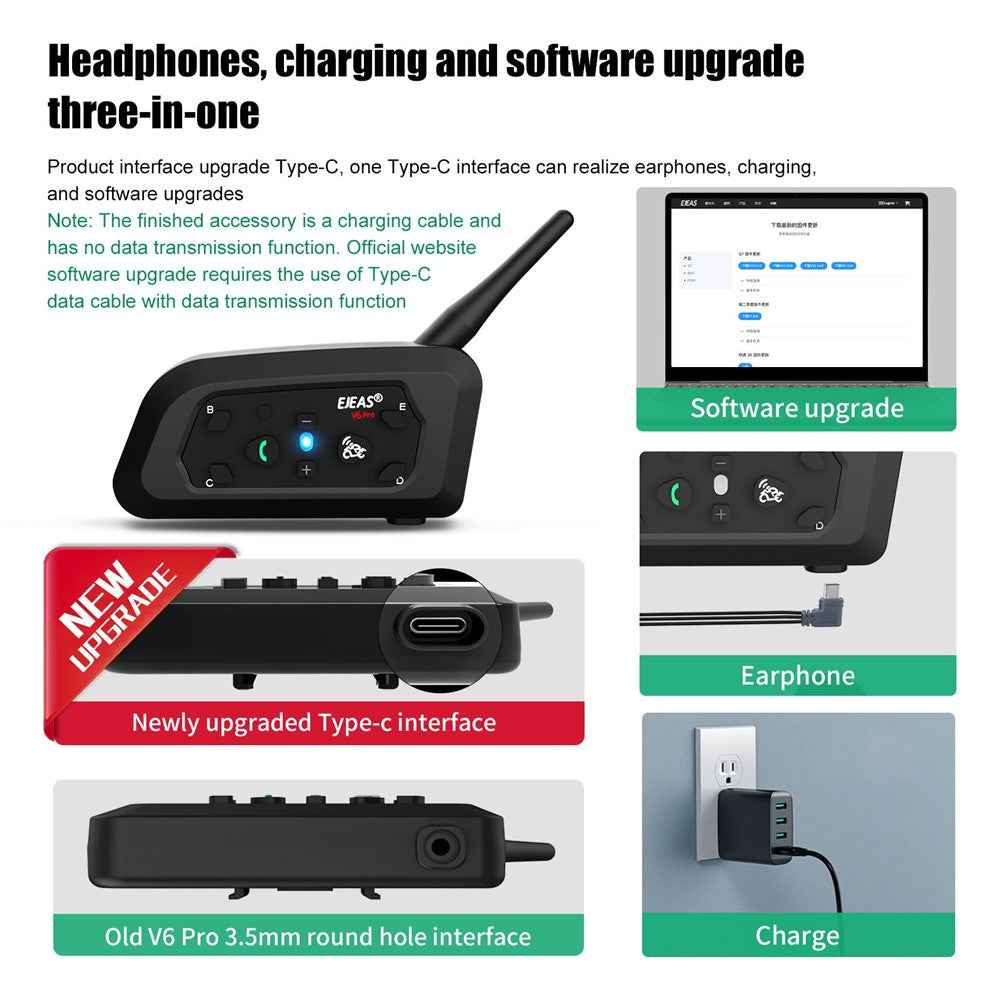 EJEAS V6PRO 1Pc Motorcycle Intercom Bluetooth-compatible 5.0 Headset Full Duplex Riding Real-Time Helmet Communication System
