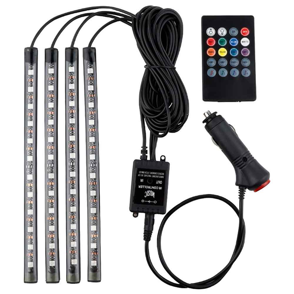Car LED Strip Light 4Pcs 48 LED DC 12V Neon Strip Car Interior Led Decorative Lamp with Sound Active Function and Wireless Remote Control - Cigarette Port