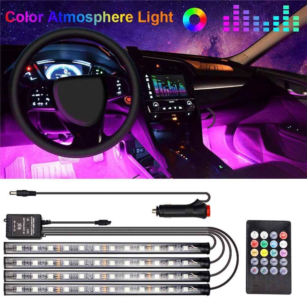 Car LED Strip Light 4Pcs 48 LED DC 12V Neon Strip Car Interior Led Decorative Lamp with Sound Active Function and Wireless Remote Control - Cigarette Port