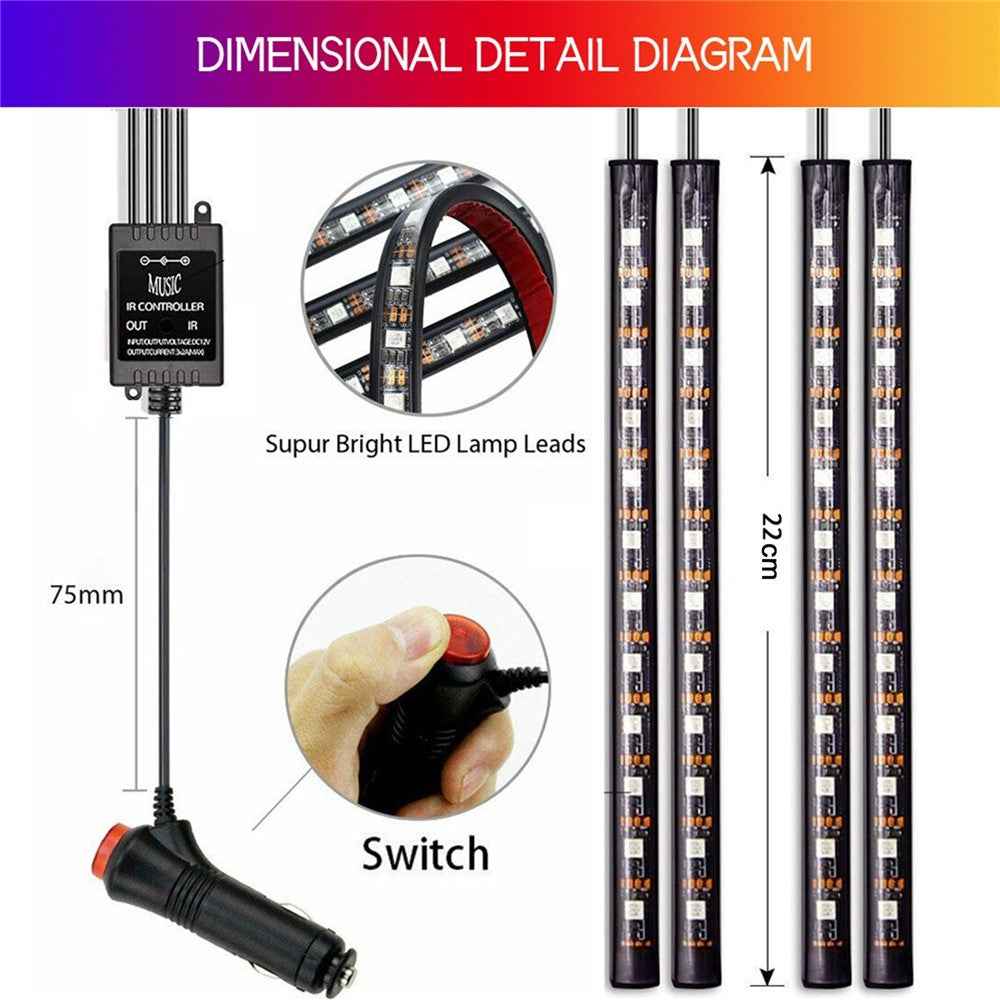 Car LED Strip Light 4Pcs 48 LED DC 12V Neon Strip Car Interior Led Decorative Lamp with Sound Active Function and Wireless Remote Control - Cigarette Port