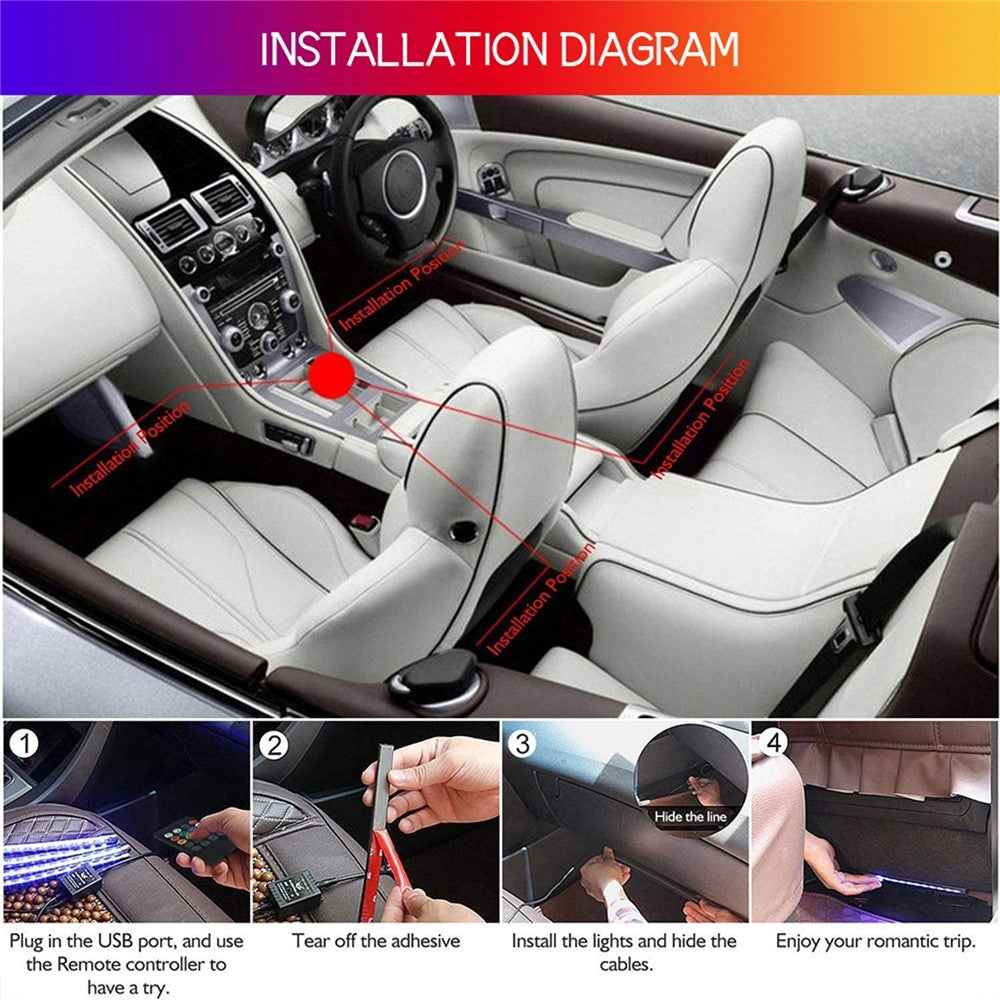 Car LED Strip Light 4Pcs 48 LED DC 12V Neon Strip Car Interior Led Decorative Lamp with Sound Active Function and Wireless Remote Control - USB Port
