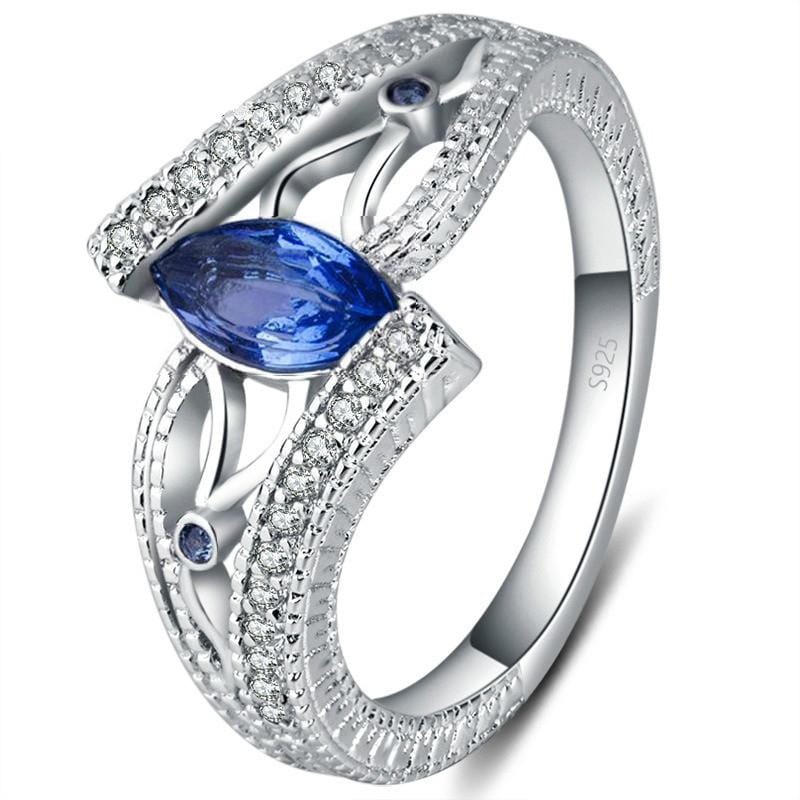 925 Sterling Silver Finger Rings Women Vintage Engagment Zircon Jewelry, Ring Size:9 (Blue)