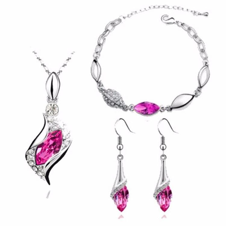 3 PCS / Set Fashion Crystal Necklace Earring Bracelet Set (Rose Red)