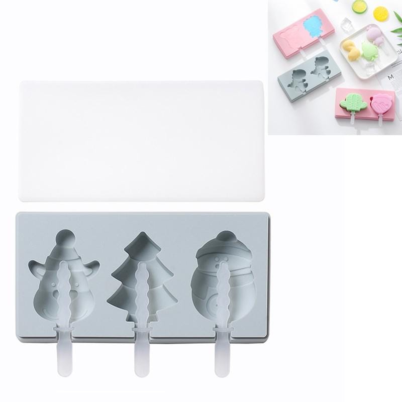 3 PCS Homemade Handmade DIY Cartoon Fruit with Lid Silicone Ice Cream Mold Making Ice Tray, Style:Snowman Reindeer (Blue)