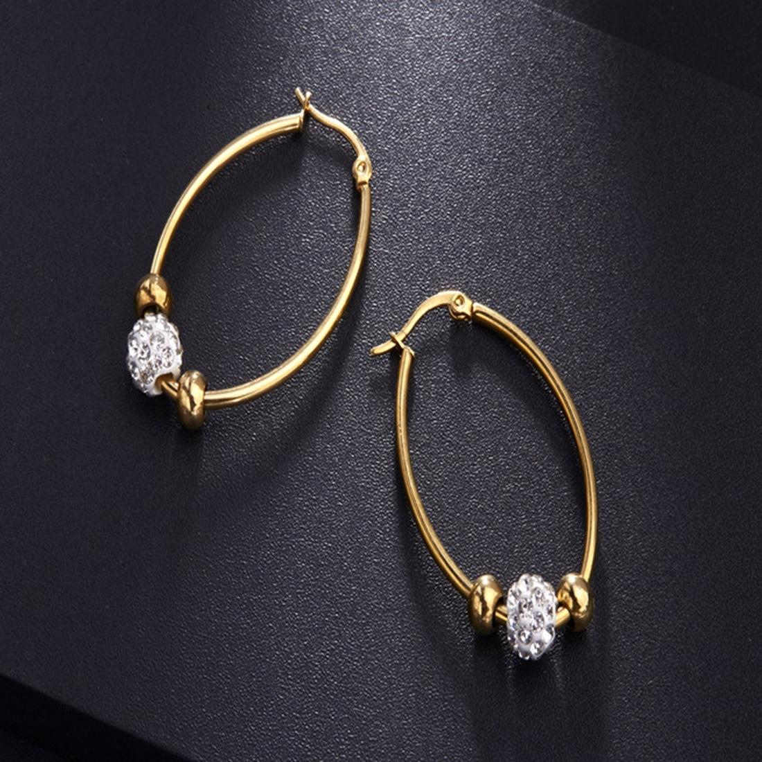 Women Wedding Fashion Jewelry Crystal Inlaid Beaded Titanium Steel Hoop Earrings (Gold)