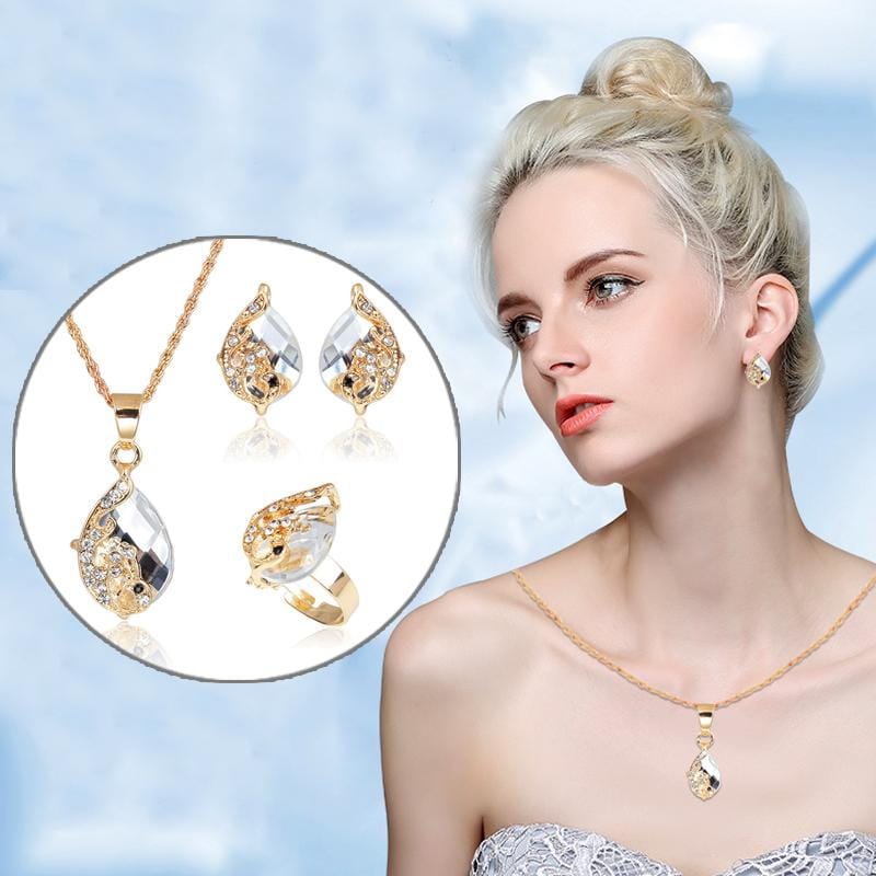 3 in 1 Women Beautiful Peacock Crystal-like Necklace Ring Earrings Jewelry Set (White)