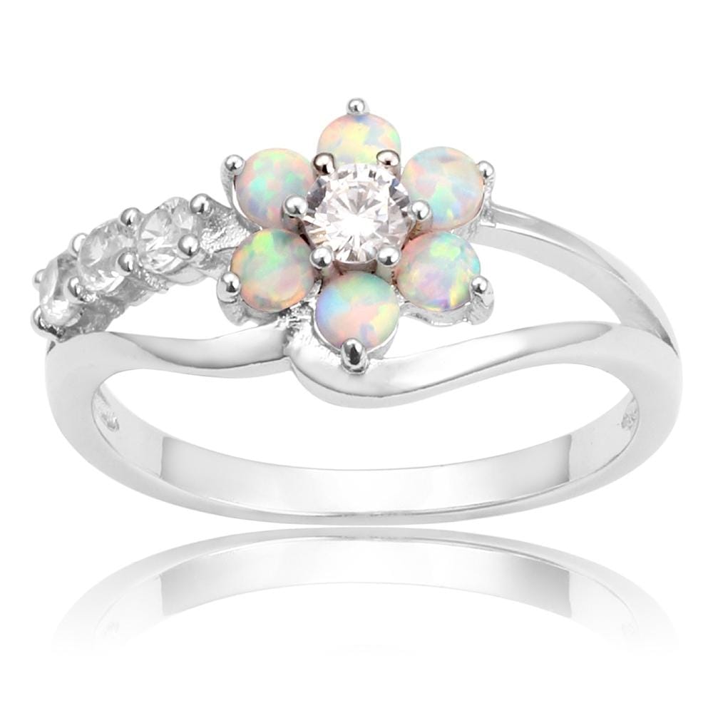 925 Silver Women Opal Flower Ring Jewelry, Ring Size:9 (Pink)