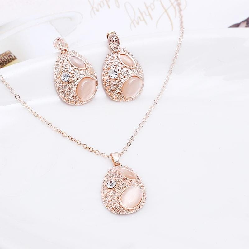 3 in 1 Women Fashion Beautiful Diamond-shape Droplet Type Necklace Earrings Jewelry Set (Rose Gold)