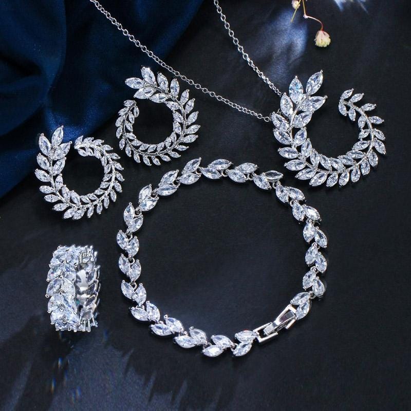 4 PCS/Set Leaf Shape Fashion CZ Necklace Earring Bracelet and Ring Sets, Ring  Size:9