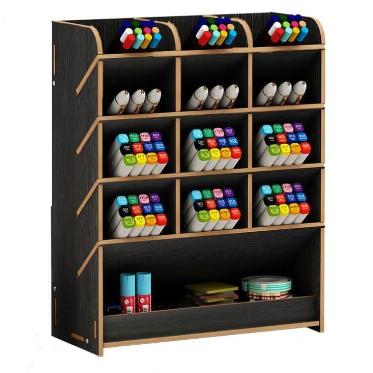 Children Student Multifunctional Wooden Desktop Storage Pen Holder Hand Account Tape Stationery (B12 Bright Black)