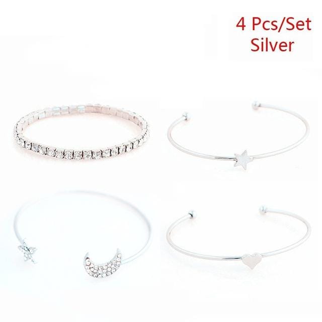 4 PCS/Set Punk Retro Charm Simple Moon Star Heart Crystal Elasticity Bracelet (Silver)