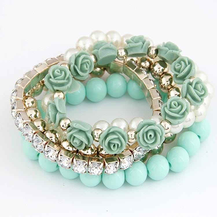 Bohemian Fashion Candy Color Pearl Rose Flower Multilayer Beads Stretch Charm Bracelet (green)