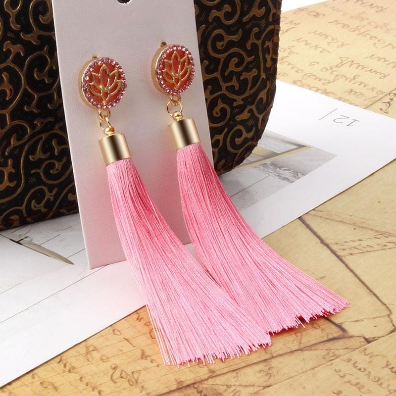 Bohemian Long Tassel Vintage Statement Drop Earrings for Women (Pink)