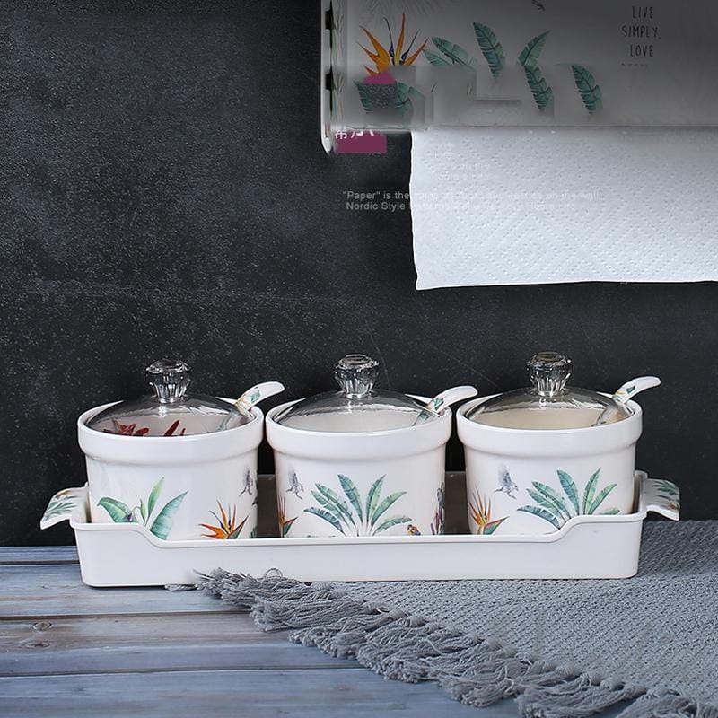 3 in 1 Seasoning Jar Set Creative Green Plant Multifunctional Kitchen Utensils with Spoon & Chassis (Creative Plants)