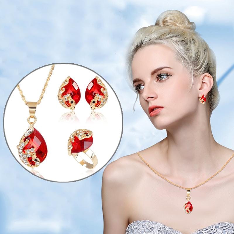 3 in 1 Women Beautiful Peacock Crystal-like Necklace Ring Earrings Jewelry Set (Red)