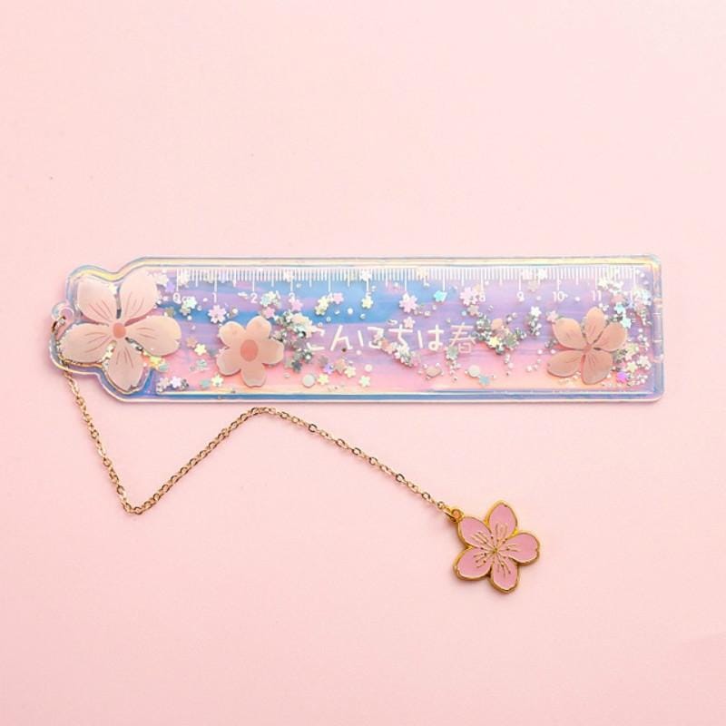 Cute Cartoon Quicksand Drawing Ruler Student Pendant Bookmark Stationery (Two Cherry Blossoms)