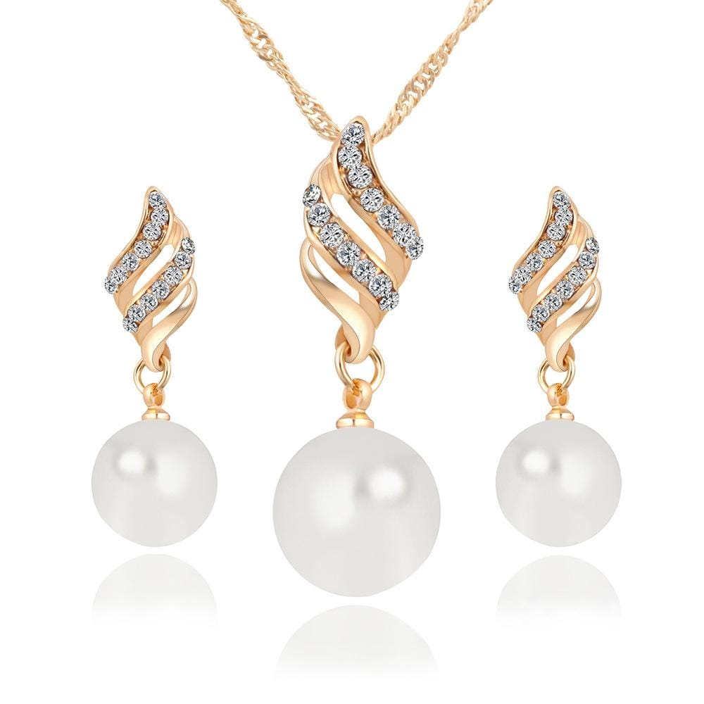 Set Jewelry  Chic  Pearl and Rhinestone Pendant Necklace and Earrings (Gold)