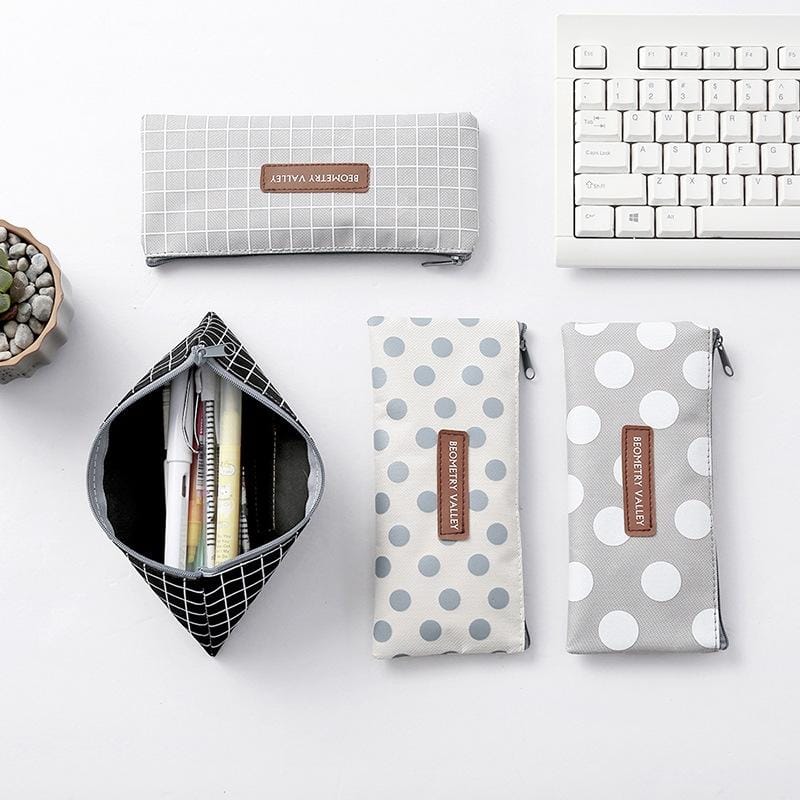 Cute Simple Striped Grid Geometry Canvas Pencil Case Pen Bag Box Stationery Pouch School Supplies (Grey Dot)