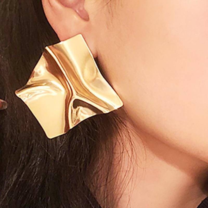 Irregular Square Shiny Metal Big Drop Earrings Women Rhombus Punk Earrings (Gold)