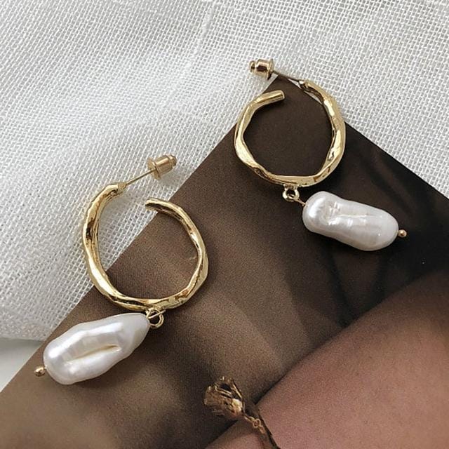 Freshwater Pearl Hoop Earrings Sterling Silver Pin Geometric Circle Earrings Women Jewelry (Gold)