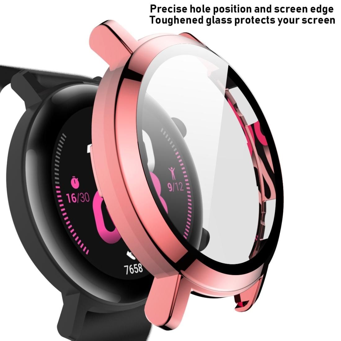 2 in 1  Tempered Glass Screen Protector + Fully Plating PC Case, Size:For Huawei Watch GT2 42mm (Rose Gold)