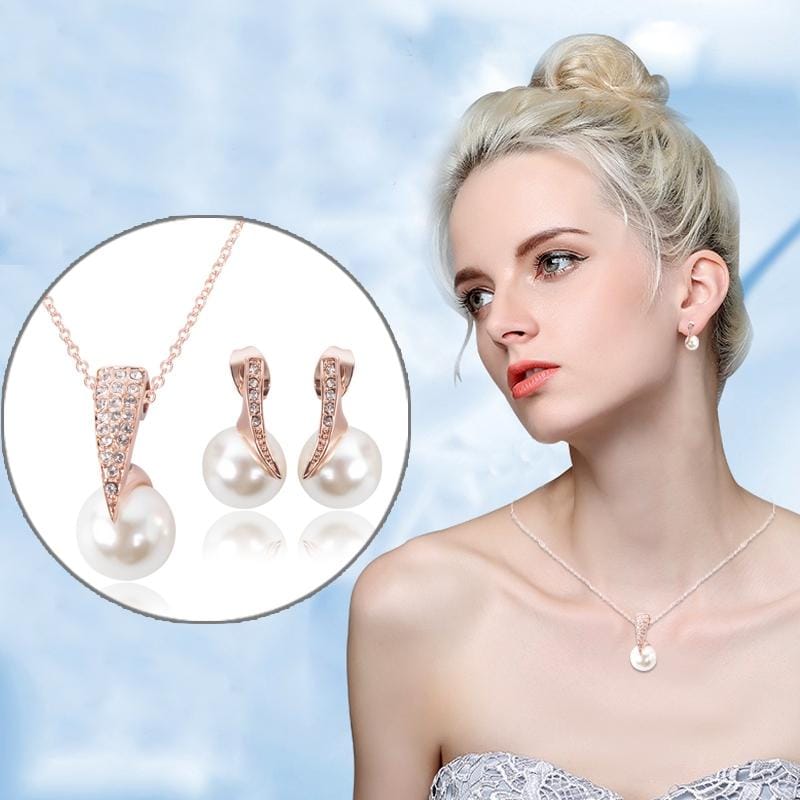 2 PCS Ladies Simple Style Rhinestone Bead Necklace Earrings Jewelry Set (Rose Gold)