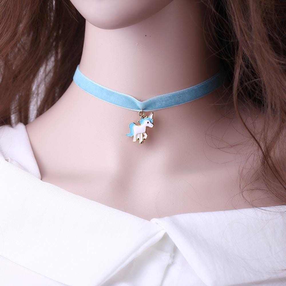 Women Animal Unicorn Lace Choker Necklace Pendant (Gray)